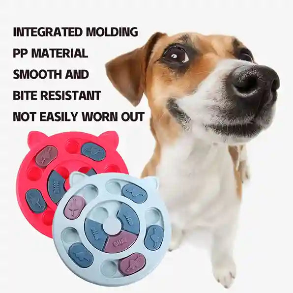 Dog with two puzzle toys labeled 'Integrated Molding PP Material Smooth and Bite Resistant Not Easily Worn Out'.