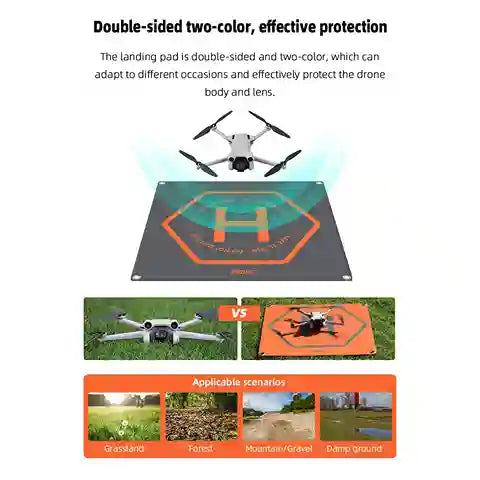 Double-sided drone landing pad with text on its effectiveness and versatility.