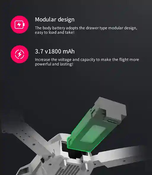 Drohne mit Batterie und technischen Spezifikationen auf schwarzem Hintergrund
