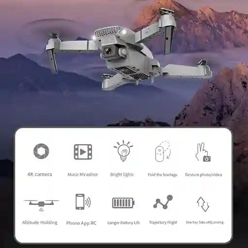 Drone flying against a mountainous landscape with feature icons displayed below.