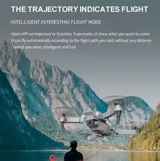 Drone flying over a scenic landscape with text about its flight mode.