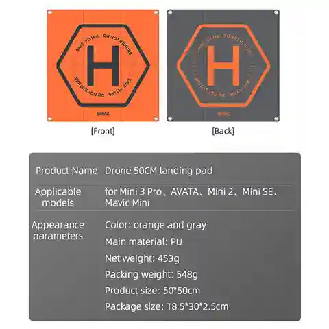 Drone landing pad with front and back views and product details.