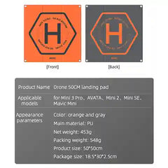 Drone landing pad with front and back views and product details.