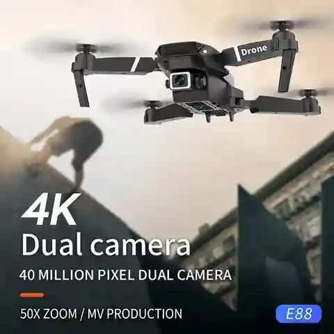 Drone with 4K dual camera and 50x zoom capabilities in an indoor setting.