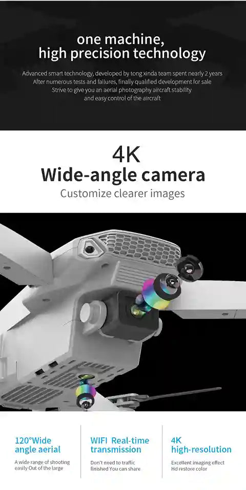 Drone with 4K wide-angle camera and advanced technology features on a black background