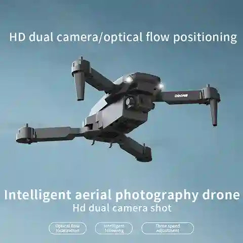 Drone with HD dual camera and optical flow positioning features against a clear sky.