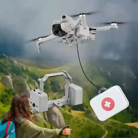 Drone with a first aid kit attached, flying over a mountainous landscape.