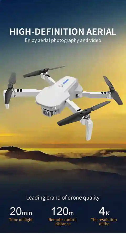 Drone with promotional text about aerial photography and video capabilities, time of flight, remote control distance, and resolution.