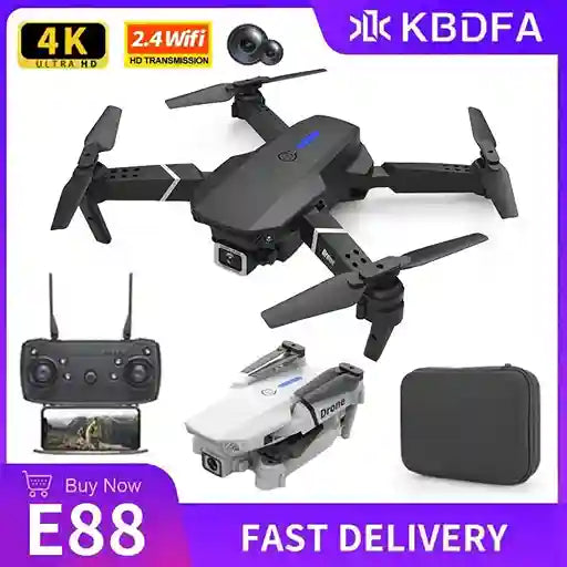 Drone with remote control, carrying case, and accessories on a white background with KBDFA branding.