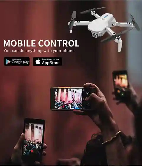 Drone with smartphone app control interface, showing people using phones to capture images.