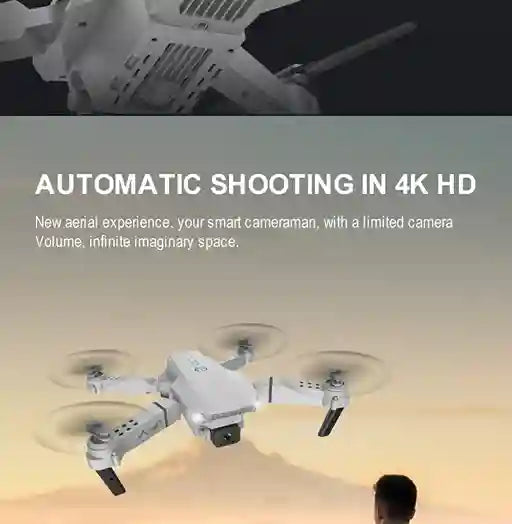 Drone with text about automatic shooting in 4K HD and new aerial experience.