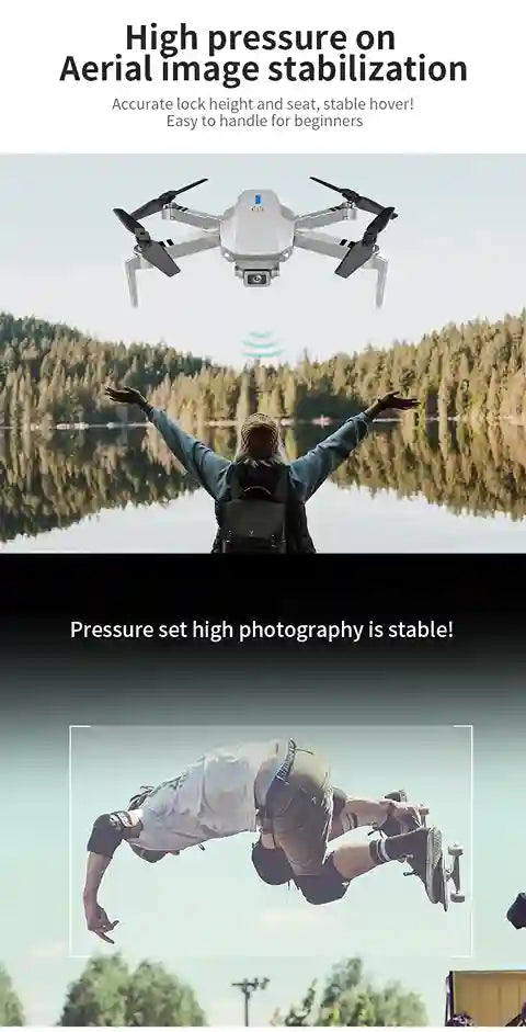 Drone with text about high pressure aerial image stabilization over a scenic lake and person skateboarding.