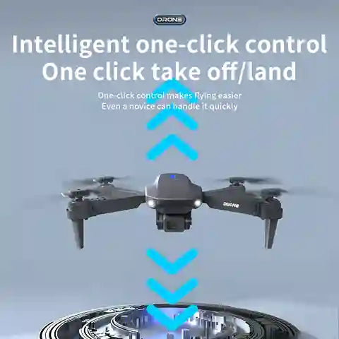 Drone with text highlighting intelligent one-click control on a gray background