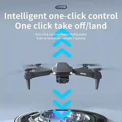 Drone with text highlighting intelligent one-click control on a gray background