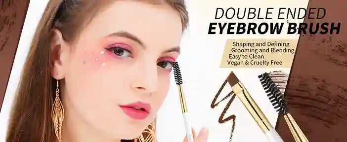 Eyebrow brush with a model and product details on a colorful background