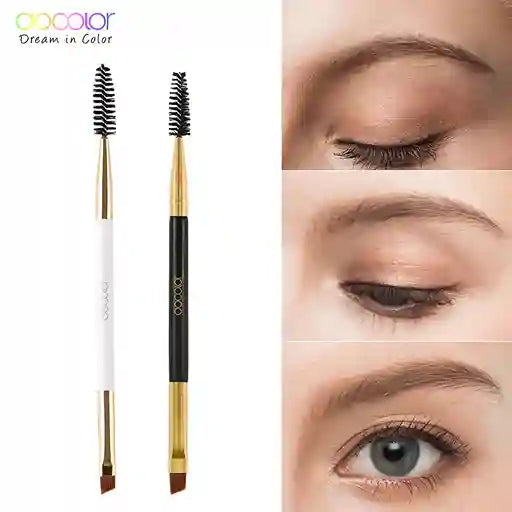 Eyebrow brush with close-up examples of use on eyes