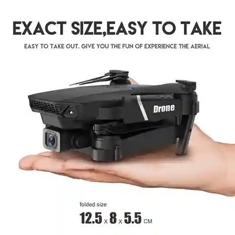 Foldable drone held in a hand with text about its size and ease of use.