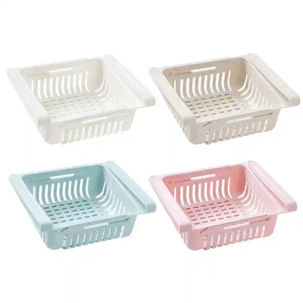 Four square plastic baskets in white, beige, blue, and pink on a white background