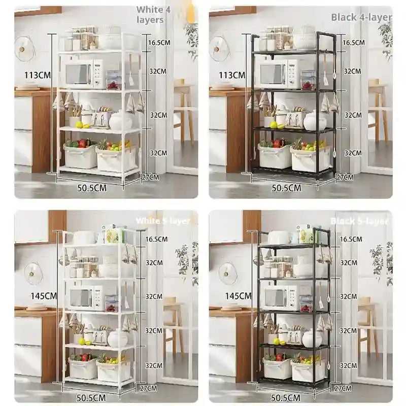Four views of a multi-layer shelf with dimensions labeled, showing its use in a kitchen setting.