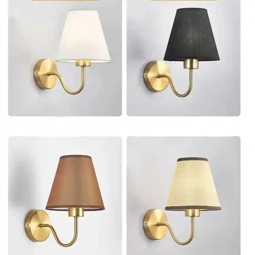 Four wall sconces with different colored lampshades on a light gray background