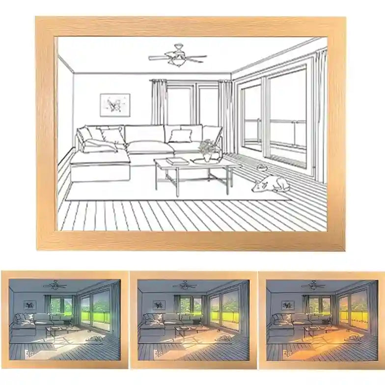 Framed architectural drawing of a living room with three color variations below.