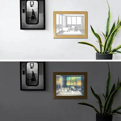 Framed line art of a room on a white wall with a plant, followed by a similar setup on a gray wall.