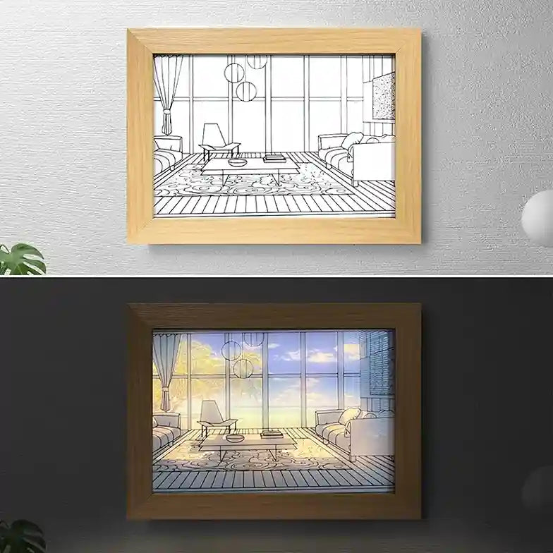 Framed line drawing of a living room on a white wall, with a completed color version on a dark wall.
