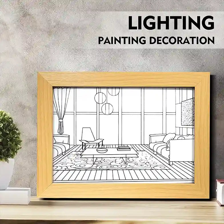 Framed line drawing of a living room with 'Lighting Painting Decoration' text above.