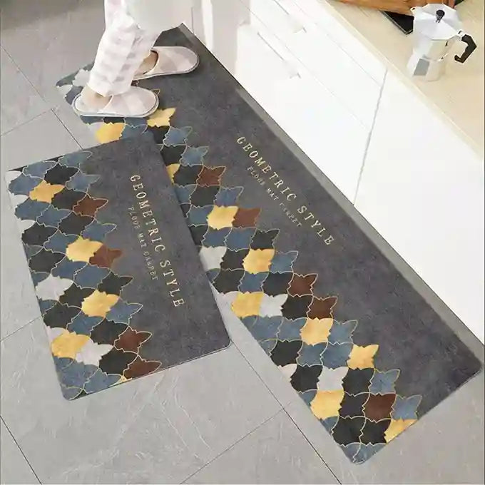 Geometric patterned doormats on a tiled floor with 'Geometric Style' branding.