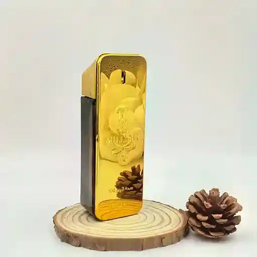 Gold bar-shaped product with a pine cone on a wooden base against a white background