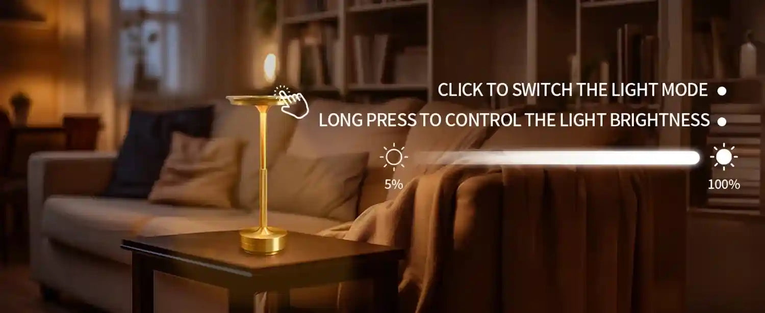 Gold lamp on a table with a living room background, showing light control interface.