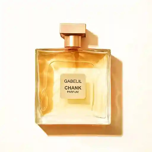 Gold perfume bottle with 'Gabelil Chank Parfum' on a white background
