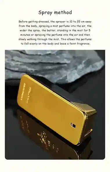 Gold spray bottle on a reflective surface with text about spray method.