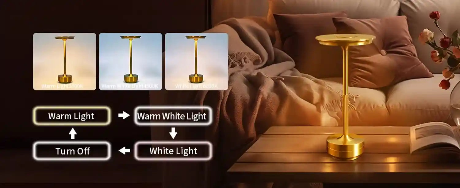 Gold table lamp on a wooden side table with light color options displayed.