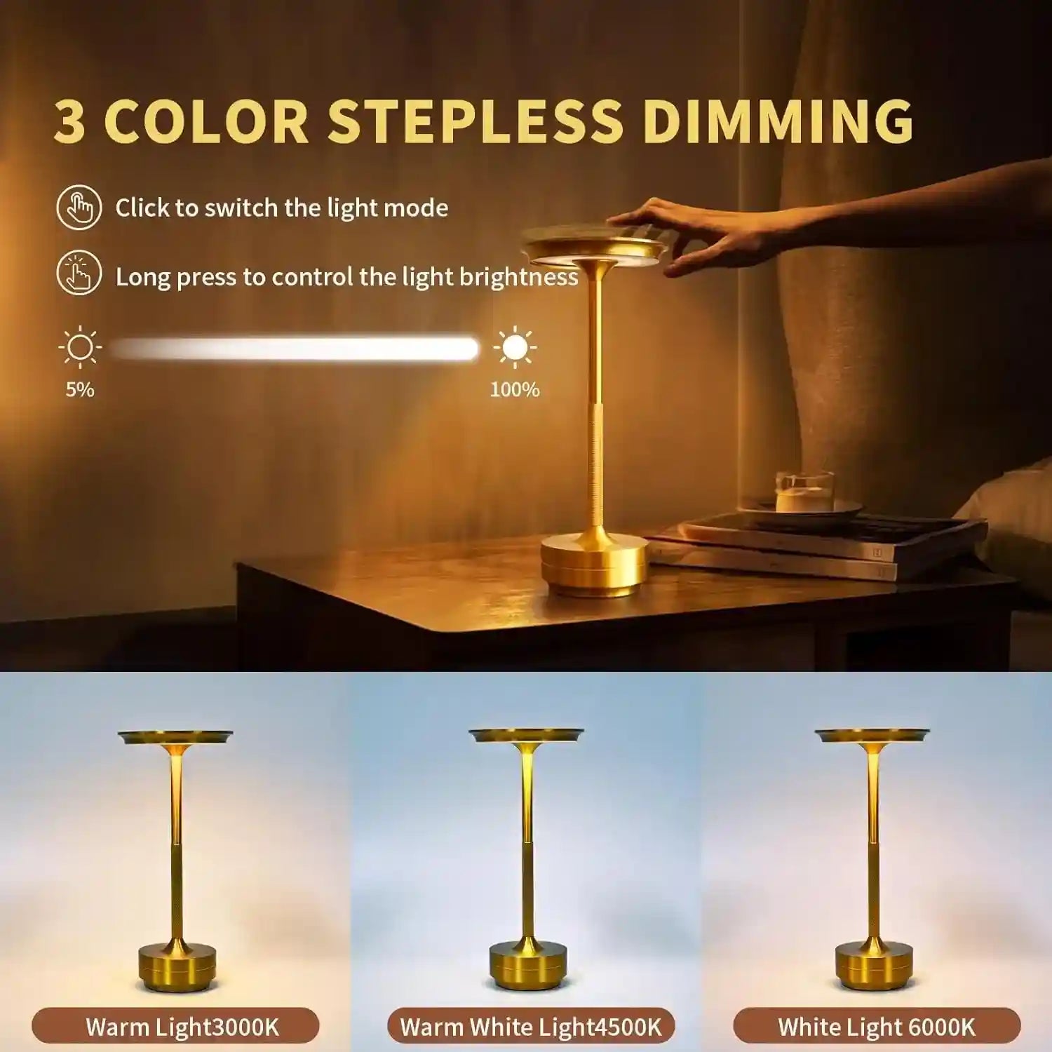 Gold table lamp with 3 color stepless dimming feature on a wooden surface.