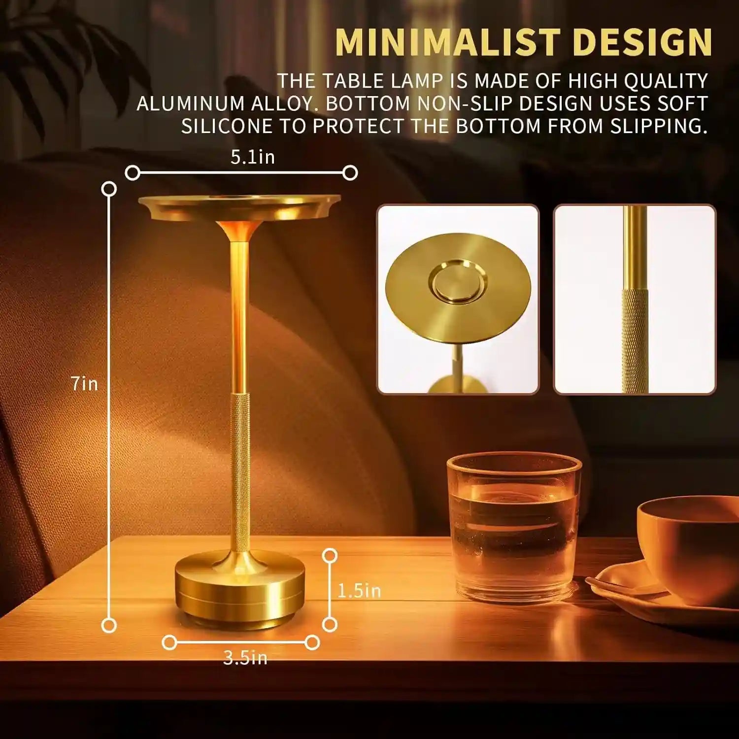 Gold table lamp with dimensions on a wooden surface, featuring soft silicone base.