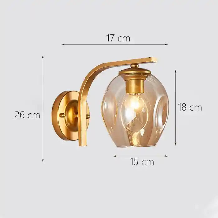 Gold wall lamp with dimensions on a light gray background
