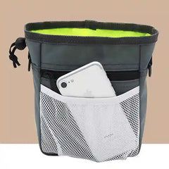 Gray and green pouch with a phone in a pocket on a beige background