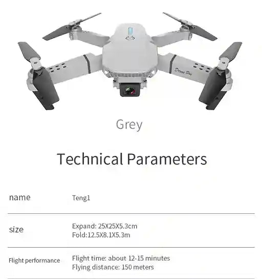 Gray drone with technical parameters displayed on a white background