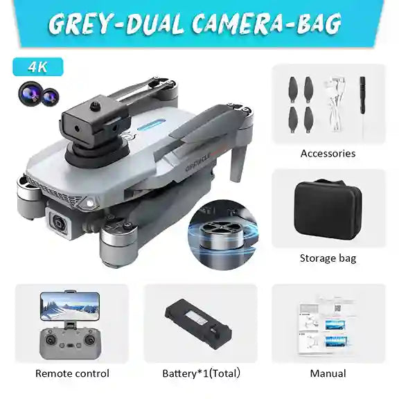 Gray dual-camera bag with accessories, storage bag, remote control, battery, and manual on a white background.