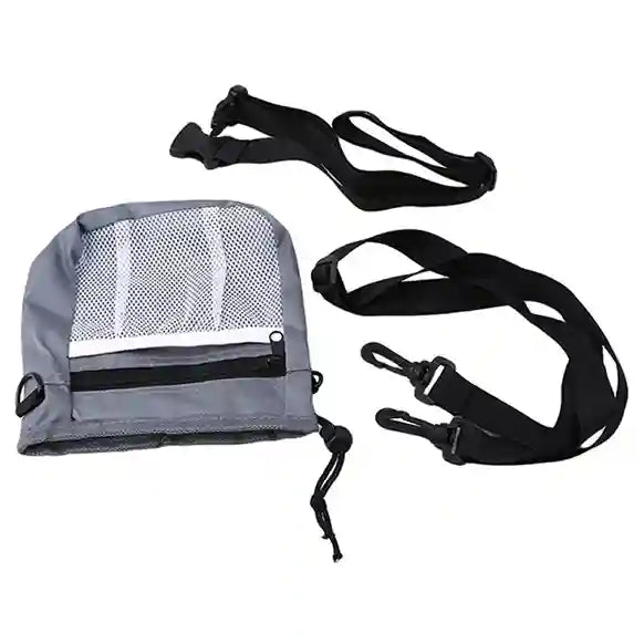 Gray mesh bag with black straps on a white background