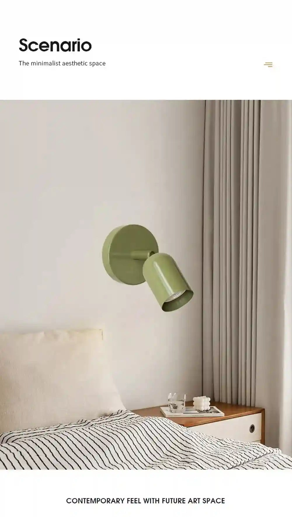 Green wall lamp in a bedroom with minimal decor