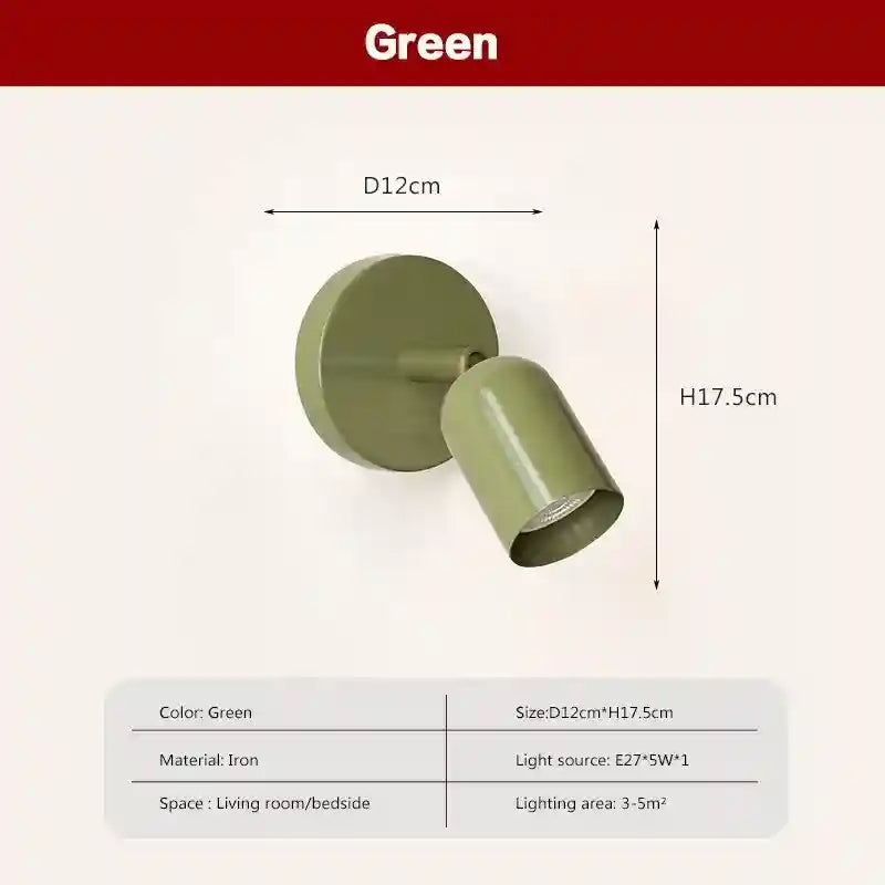 Green wall light fixture with dimensions and specifications on a white background