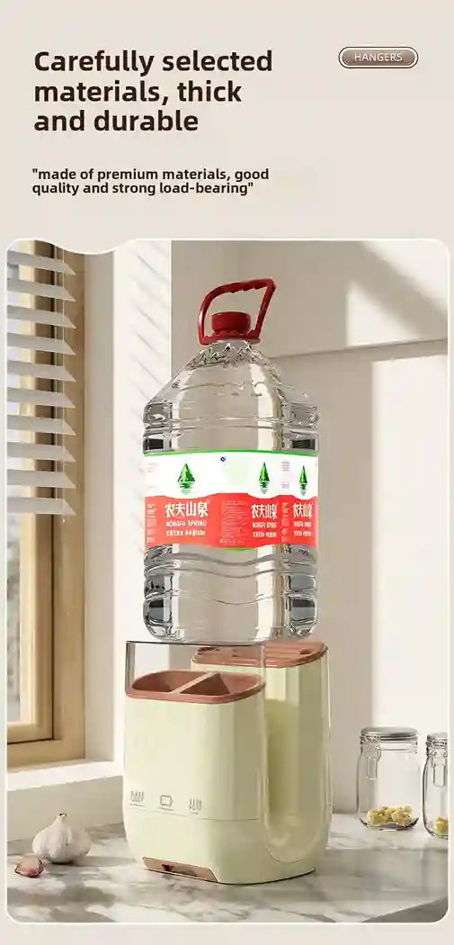 Green water dispenser with a red handle on a kitchen counter, featuring text about material quality.