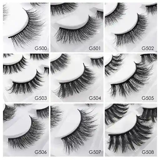 Grid of false eyelashes with labels G500 to G508 on a white background