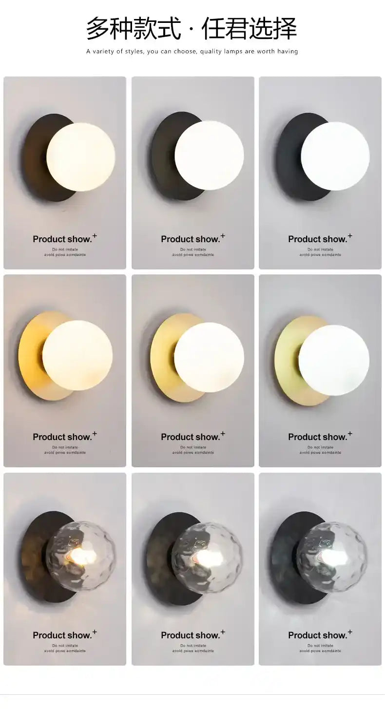 Grid of wall lights with different styles and finishes on a gray background.