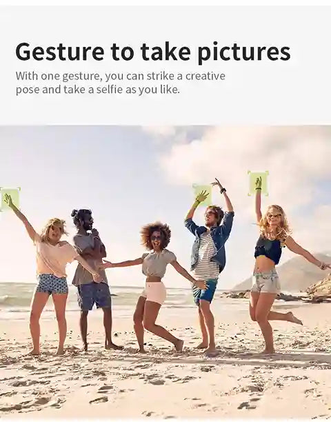 Group of people on a beach with text about taking pictures with gestures