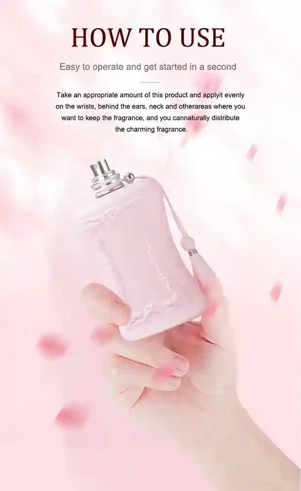 Hand holding a small pink container with text on how to use it against a light pink background.