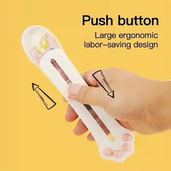 Hand holding a white tool with text on a yellow background