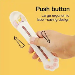 Hand holding a white tool with text on a yellow background